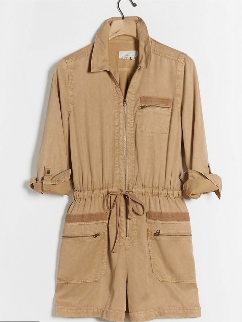 Anthropologie Tan Zip Front Utility Flight Romper - Size Small